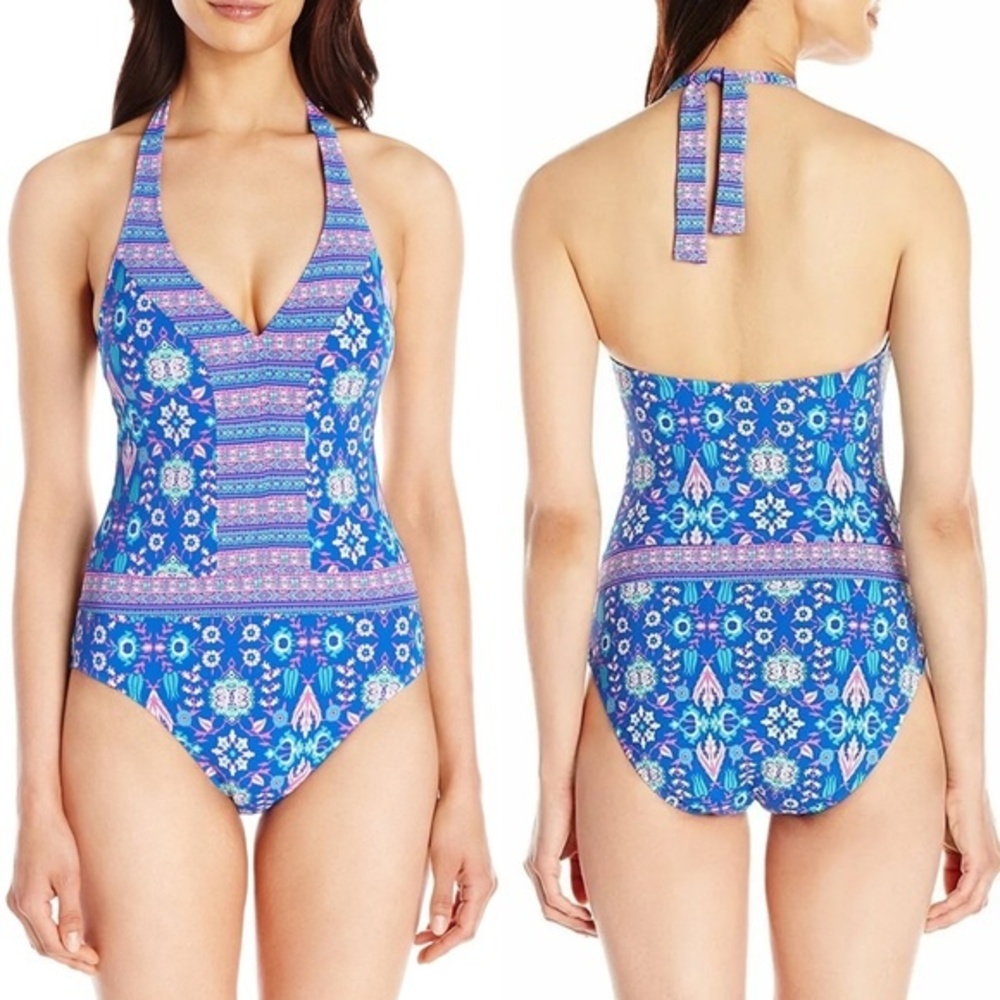 Bleu Rod Beattie One Piece Halter Swimsuit Blue Pink California Dreamin Size 10